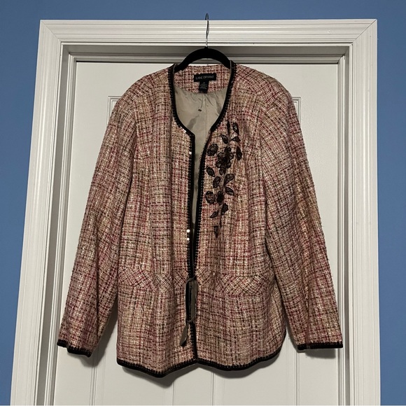 Lane Bryant women’s plus 28 pink bouclé knit blazer jacket tie front floral - Picture 1 of 8